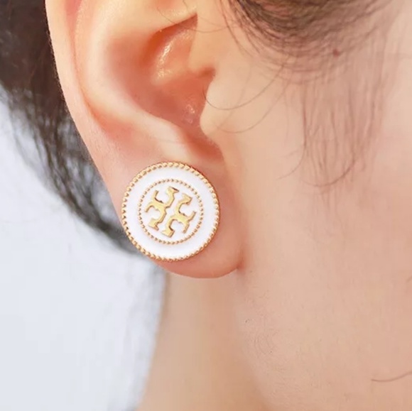 Tory Burch White & Gold Button Logo Stud Earrings - Picture 5 of 7